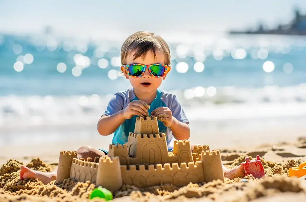 Sonnenbrille für Kinder schützt empfindliche Augen vor UV-Strahlung am Strand