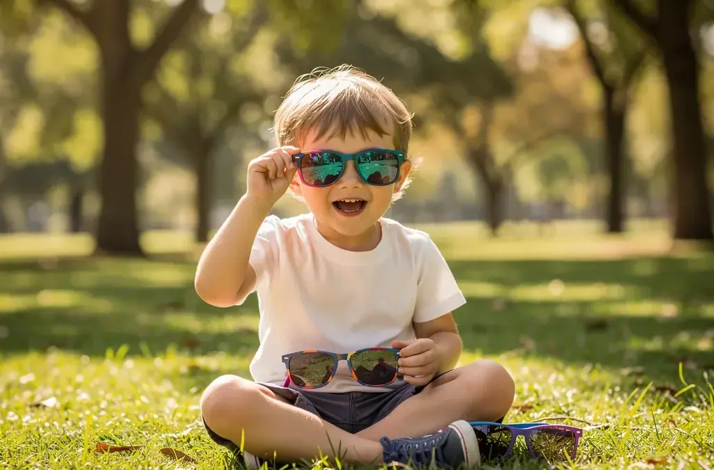 Kinderaugen in Sonnenbrille mit Fokus auf UV-Schutz und Polarisationsfilter