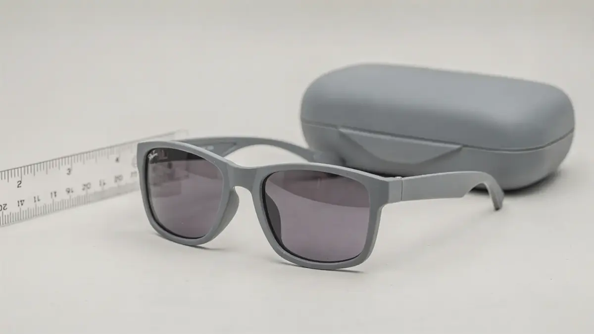 Bruchsichere Kindersonnenbrille auf hellem Tisch mit Etui und Maßstab