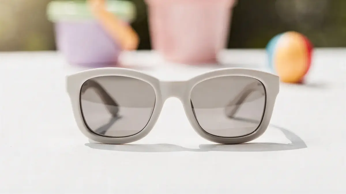 Splitterfreie Kindersonnenbrille auf hellem Untergrund, passend zum Thema Sicherheit und Bruchsicherheit