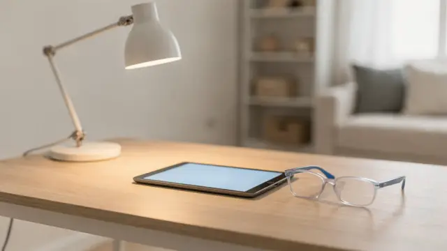 Kinderaugen und blaues Licht am Schreibtisch mit Tablet, Lampe und Brille