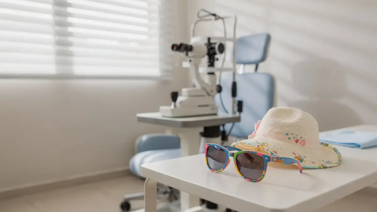 Kinderaugenlichtempfindlichkeit: Augenuntersuchung mit kindgerechtem Sehtest und Sonnenbrille