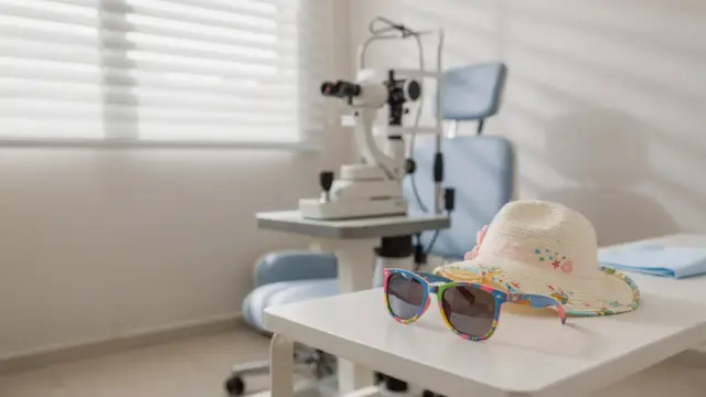 Kinderaugenlichtempfindlichkeit: Augenuntersuchung mit kindgerechtem Sehtest und Sonnenbrille