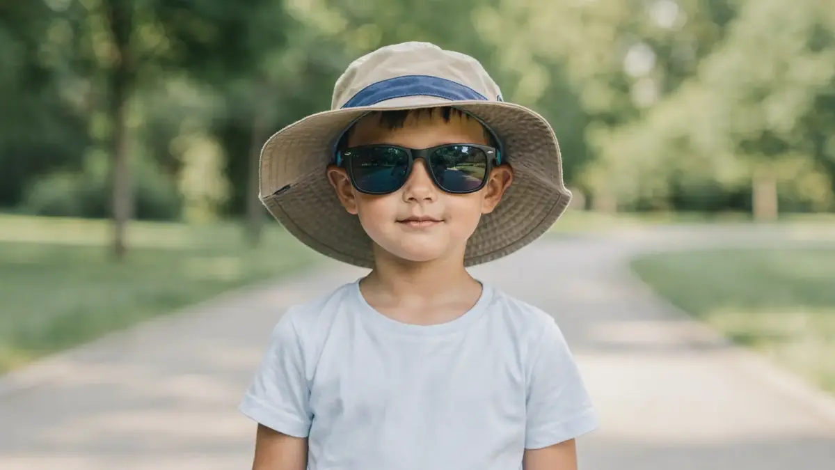 Kind mit Sonnenhut und UV-Sonnenbrille bei Blendungsschutz für empfindliche Kinderaugen