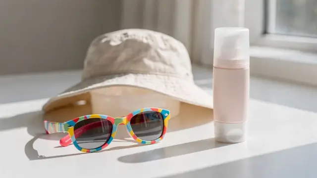 Kindersonnenbrille und Sonnenhut als Symbol für UV-Schutz der Kinderaugen