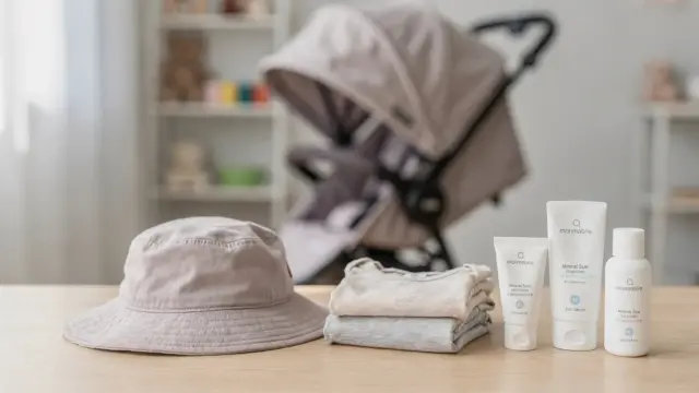 Babys UV-Schutz mit Sonnenhut, UV-Kleidung, Kinderwagen und Sonnenschutz im Kinderzimmer