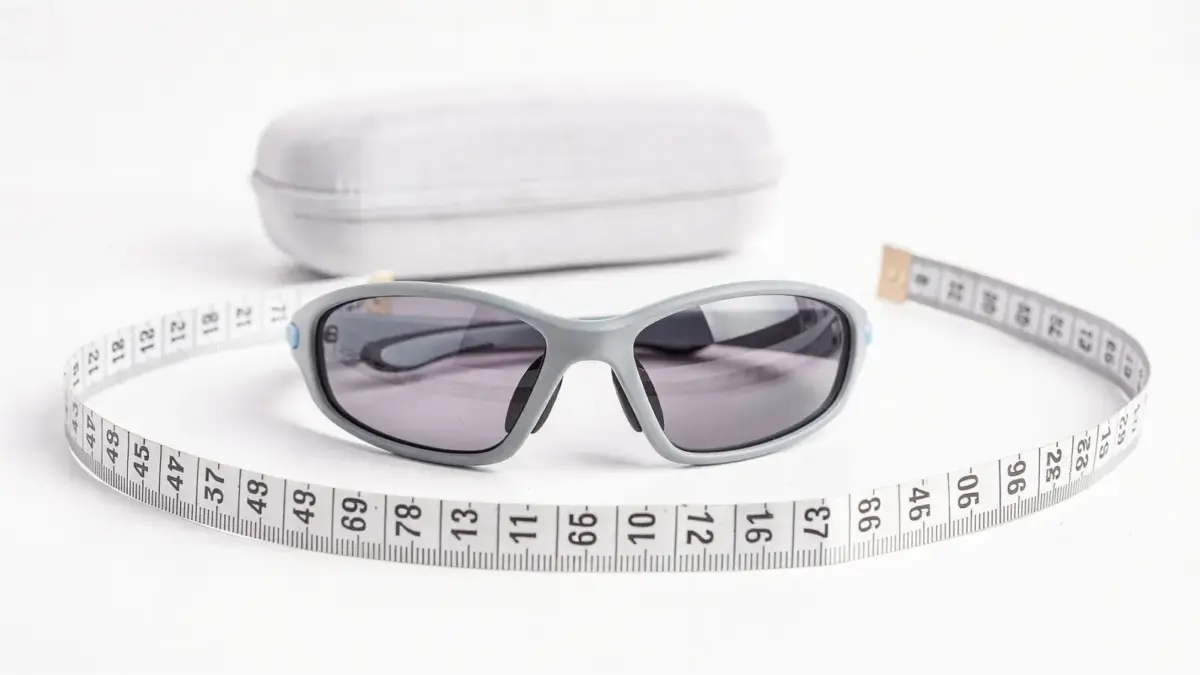 Sportliche Kindersonnenbrille neben Maßband und Etui als Thema Passform und Sitz für Eltern