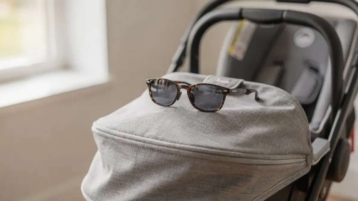 Kindersonnenbrille im Buggy neben einem Autositz als Motiv zum Thema Passform, Halt und Sicherheit