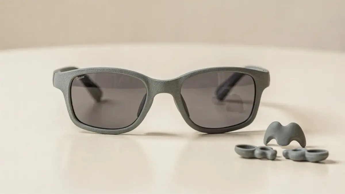 Rutschfeste Kindersonnenbrille mit weichen Bügeln und Nasenpads auf hellem Tisch