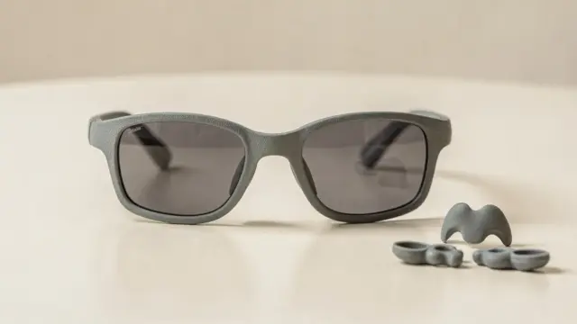 Rutschfeste Kindersonnenbrille mit weichen Bügeln und Nasenpads auf hellem Tisch