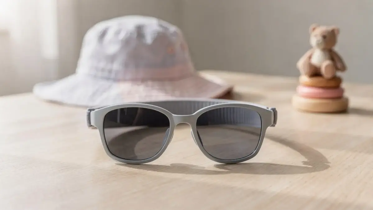 Kindersonnenbrille mit Kopfbandsystem neben Sonnenhut als Thema Kleinkinder