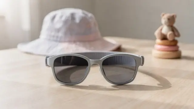 Kindersonnenbrille mit Kopfbandsystem neben Sonnenhut als Thema Kleinkinder