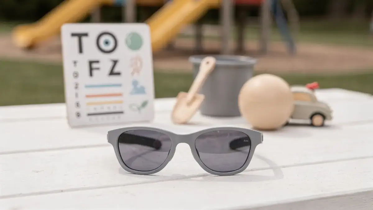 Sonnenbrille neben kindgerechten Augenmesskarten zum Thema Augenentwicklung bei Kindern