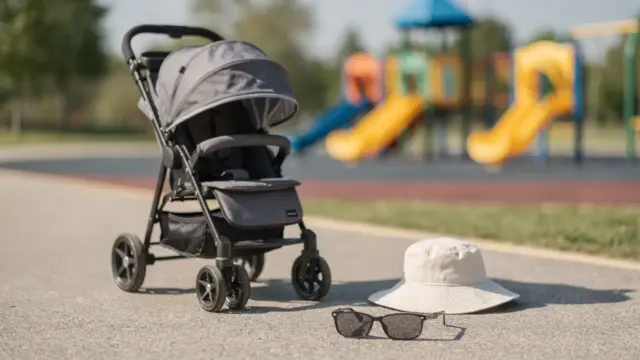 Babystroller mit Sonnendach, Kindersonnenhut und Sonnenbrille zum Thema Sonne-Augen-Risiko bei Babys