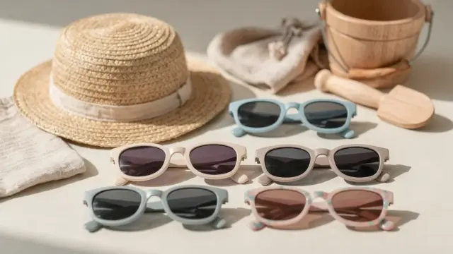 Kindersonnenbrillen für Kleinkinder auf heller Fläche mit Sonnenhut und Sommerzubehör