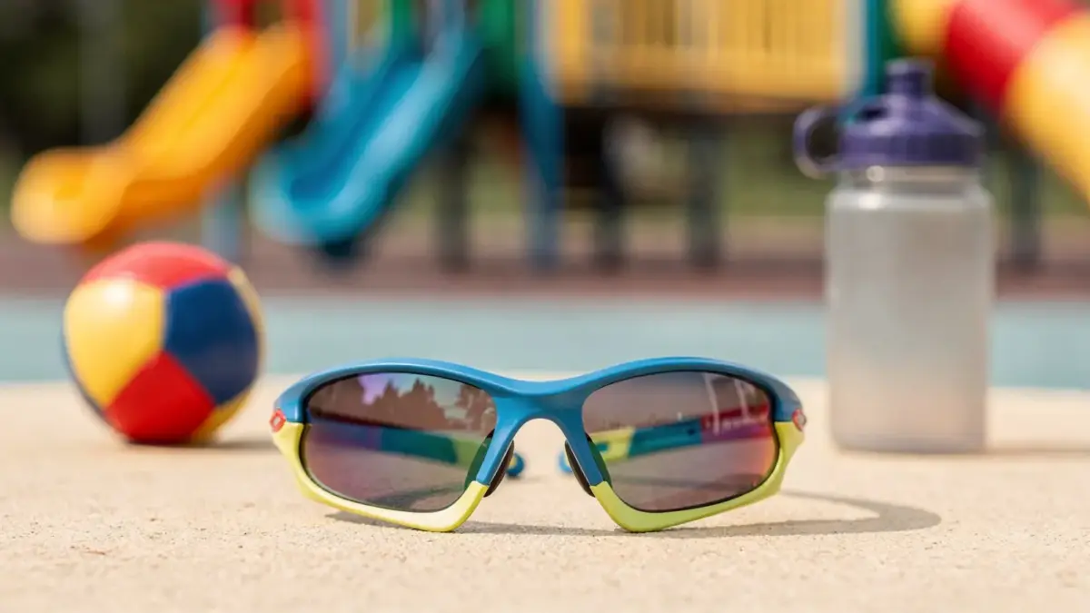 Kindersonnenbrille für Sport und Spielen im Freien auf einem hellen Spielplatz mit Ball und Trinkflasche