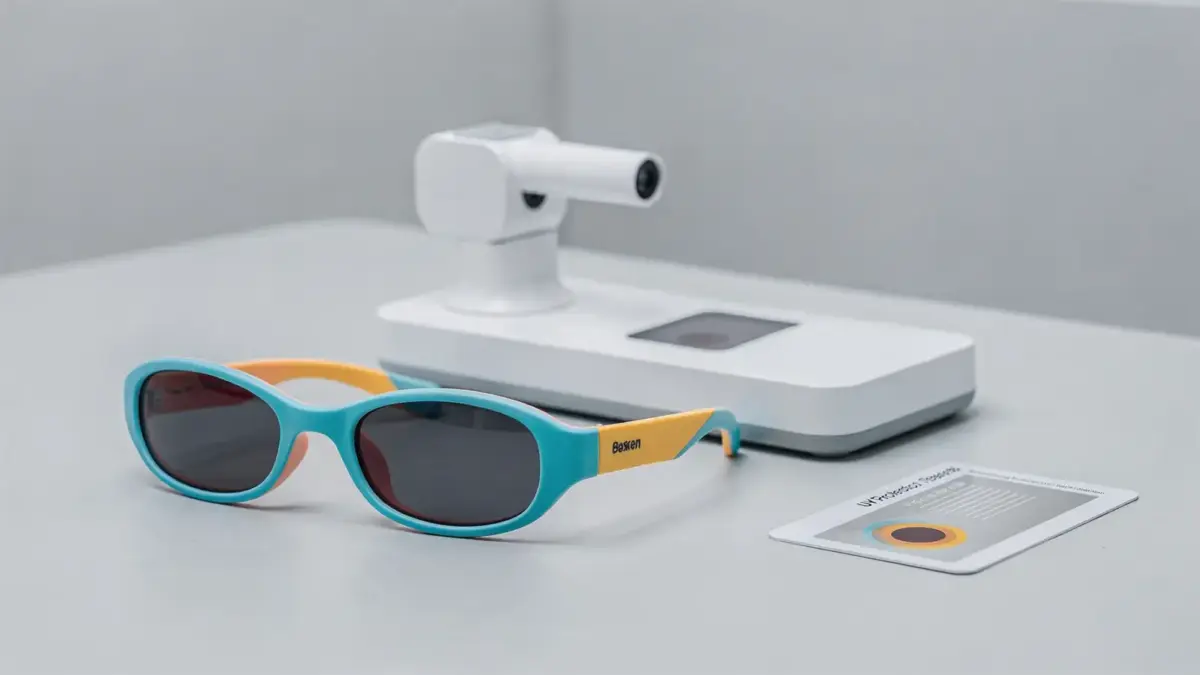 Kindersonnenbrille neben UV-Testkarte und Messgerät zur Prüfung des UV-Schutzes