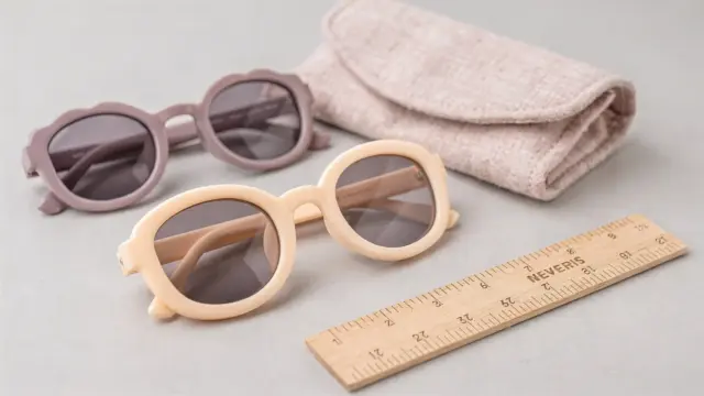 Kindersonnenbrille mit verschiedenen Rahmenformen und kindgerechtem Zubehör