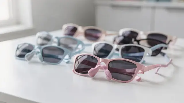Kindersonnenbrille aus verschiedenen Materialien für besseren Tragekomfort auf hellem Tisch