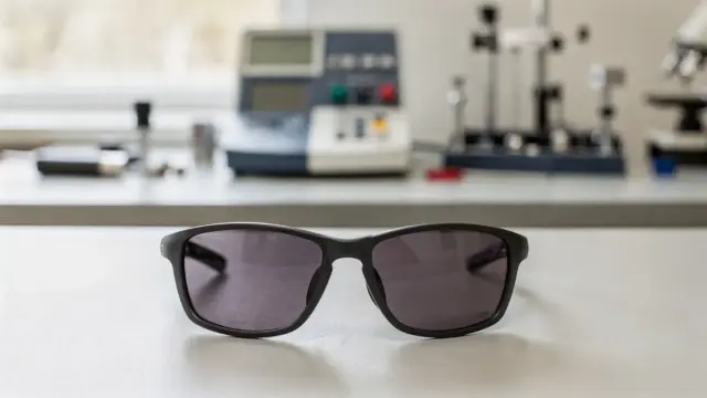 Dunkle Sonnenbrille und UV-Messgerät zum Thema dunkle Gläser ohne UV-Schutz