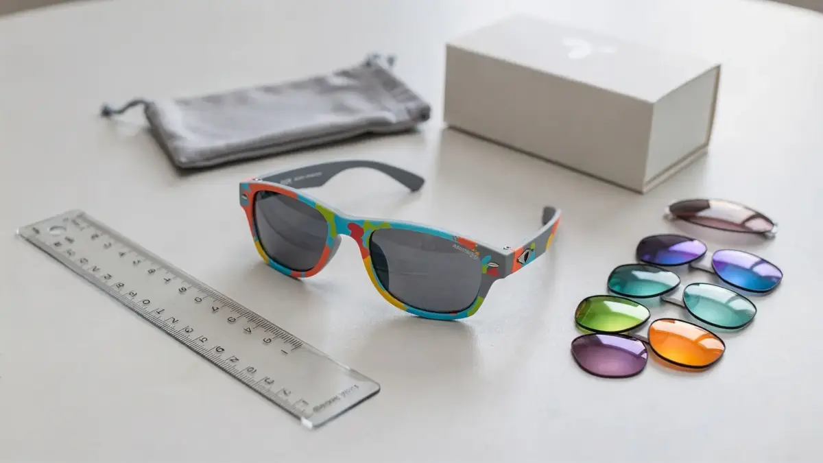Kindersonnenbrille, Maßband und Verpackung als Prüfhinweise für den Onlinekauf