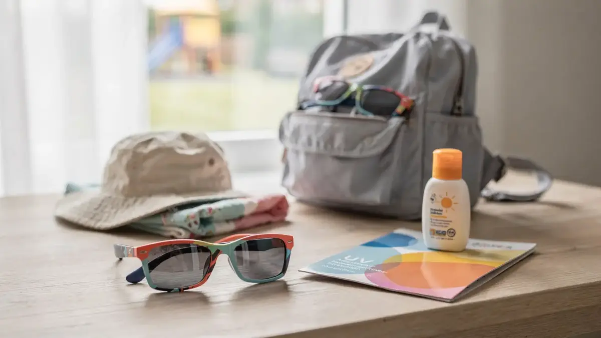 Polarisierte Sonnenbrille für Kinder auf heller Fläche als Thema Sonnenschutz für Eltern