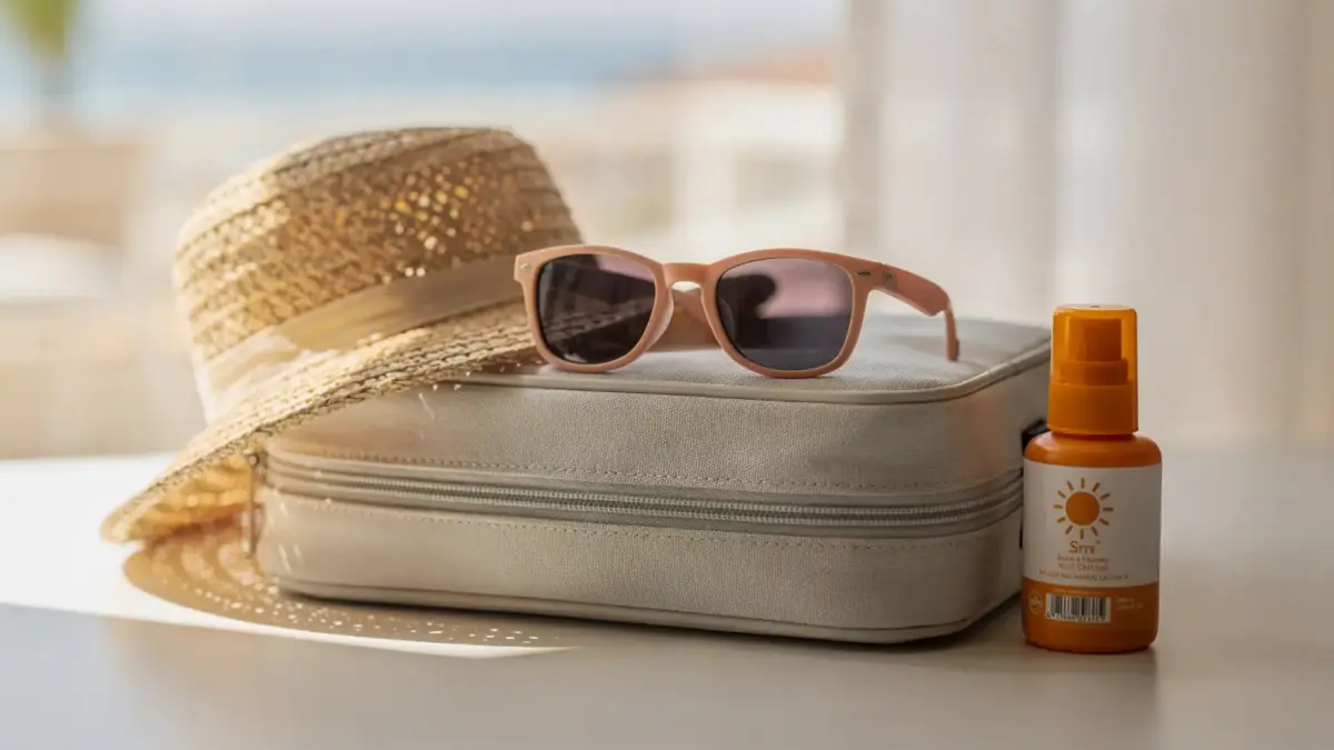 Kindersonnenbrille auf einer Reisetasche mit Sonnenhut und Sonnencreme für sonnige Länder