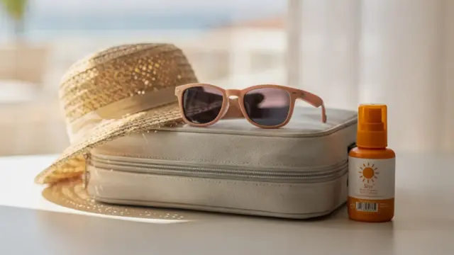 Kindersonnenbrille auf einer Reisetasche mit Sonnenhut und Sonnencreme für sonnige Länder