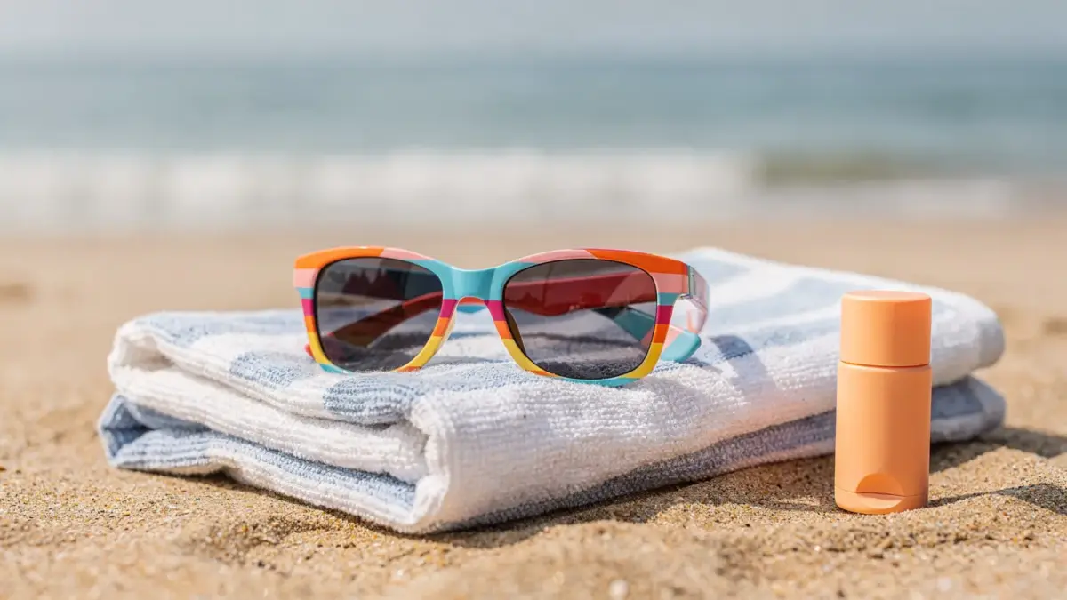 Kindersonnenbrille am Strand mit Handtuch und Sonnencreme als Thema für Eltern