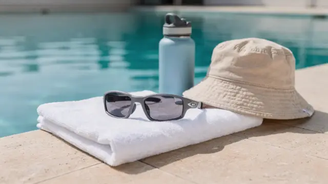 Kindersonnenbrille für Wassersport auf einem Handtuch am Pool