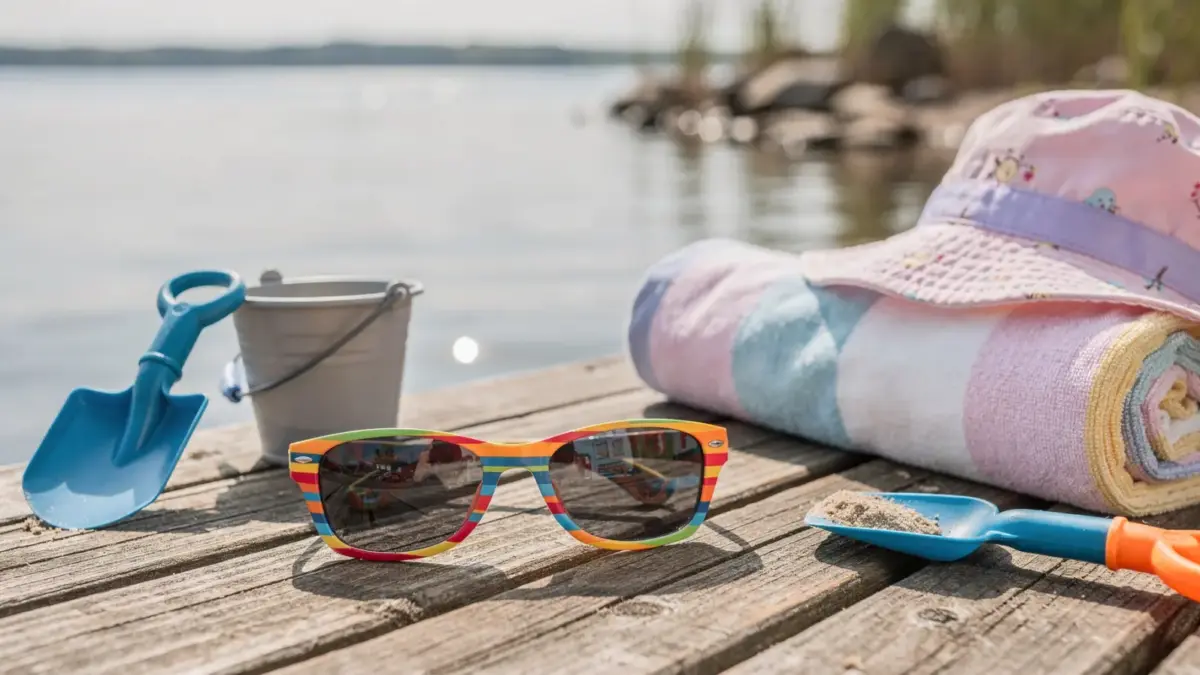 Kindersonnenbrille mit polarisierten Gläsern am Wasser auf einem Steg
