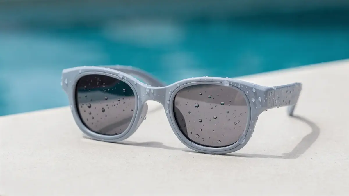 Wasserdichte Kindersonnenbrille auf hellem Untergrund mit Spritzwasser im Hintergrund
