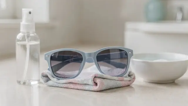 Kindersonnenbrille mit Mikrofasertuch und milder Seifenlösung zur Reinigung