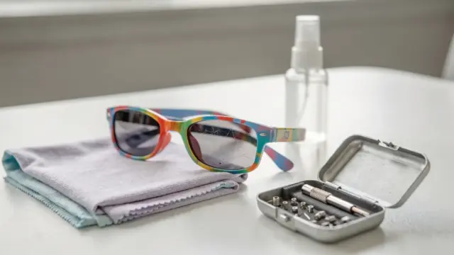 Kindersonnenbrille mit Reinigungstuch und Pflegespray zum Thema Sonnenbrille Kratzer entfernen