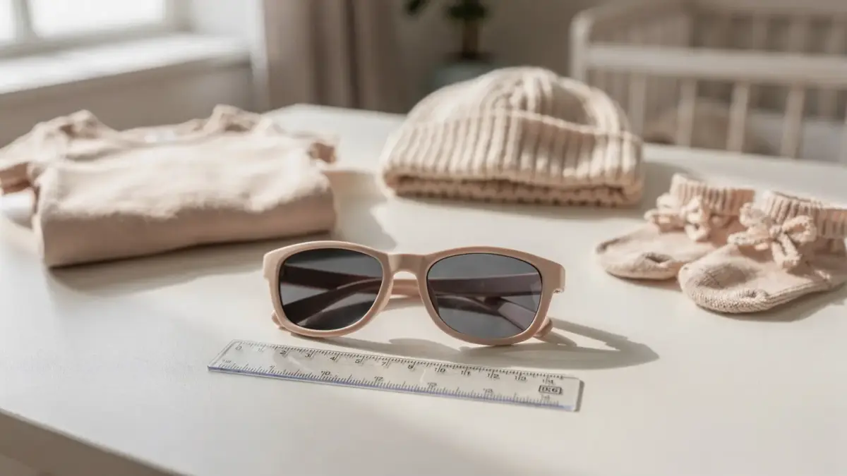 Baby-Sonnenbrille zu groß: Sonnenbrille neben Maßband und Babykleidung zur Größenprüfung