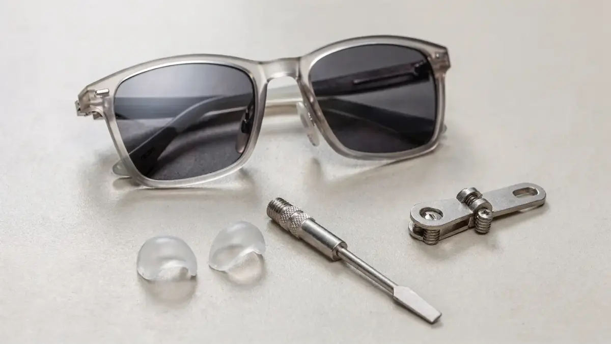 Sonnenbrille mit Nasenauflage für Teenager auf neutralem Untergrund, mit rutschfesten Nasenpads und Zubehör