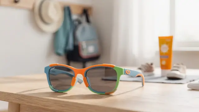 Rutschfeste Kindersonnenbrille mit Gummisitz und Bügeln auf hellem Hintergrund