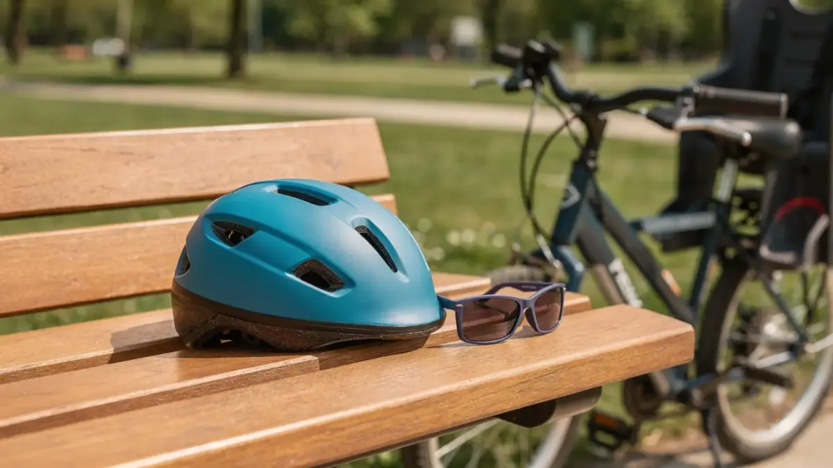 Kindersonnenbrille fürs Fahrradfahren neben einem Kinderfahrradhelm