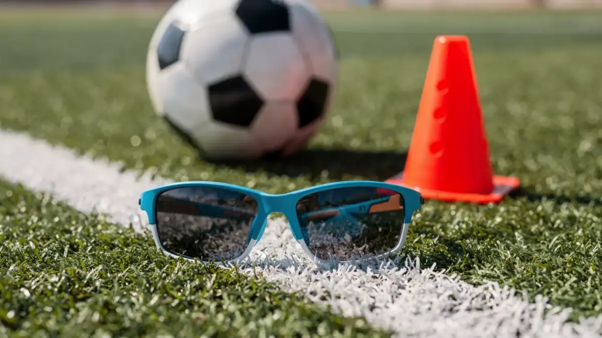 Kindersonnenbrille für Outdoor-Sport auf dem Fußballplatz neben Ball und Hütchen