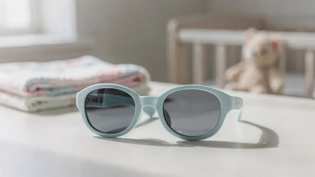 Baby-Sonnenbrille aus sicheren Materialien auf hellem Untergrund