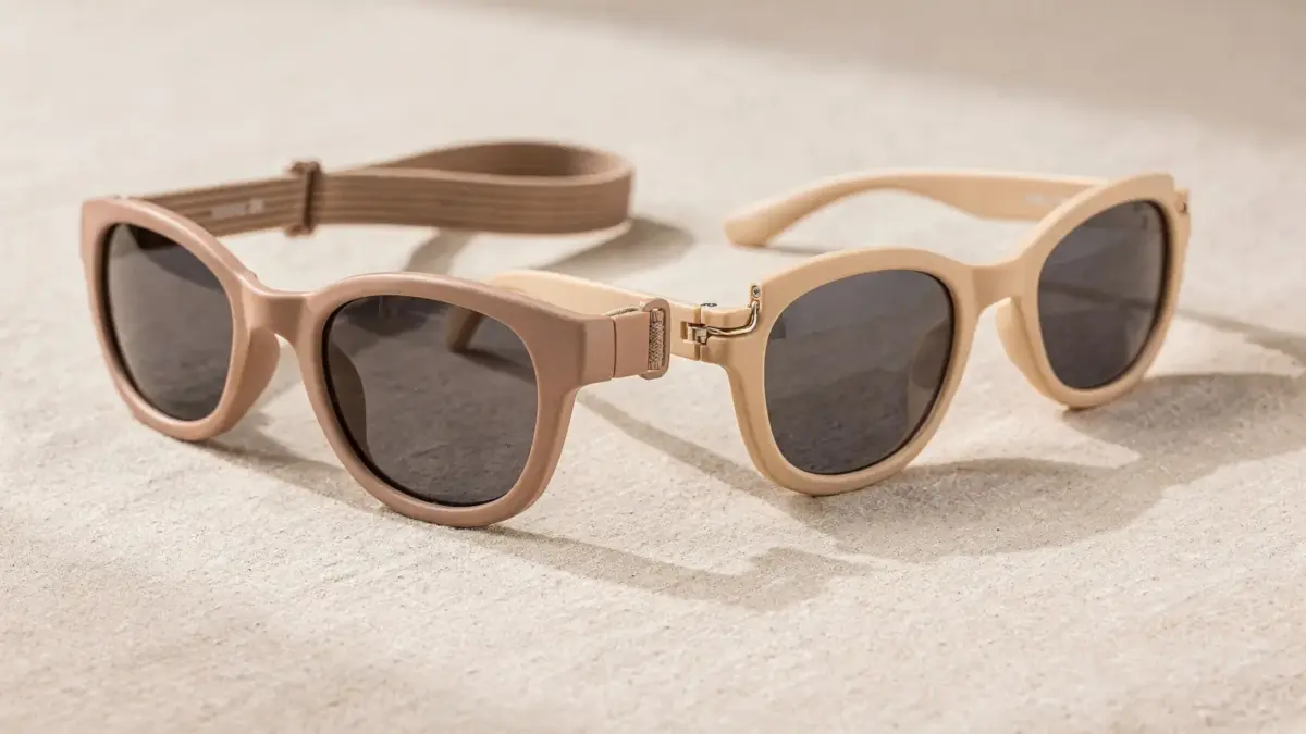 Kleinkind-Sonnenbrille mit Verschlussarten gegen Druckstellen auf neutralem Untergrund