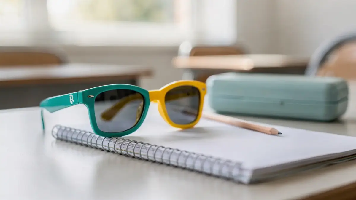 Kindersonnenbrille für Schulkinder auf einem Schreibtisch mit Heft und Stift