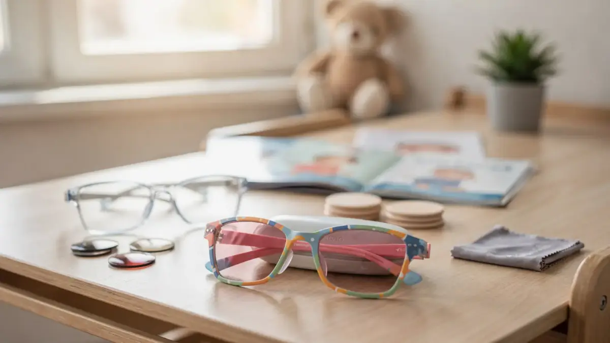 Kindersonnenbrille mit Sehstärke neben Glasmuster und Optiker-Zubehör