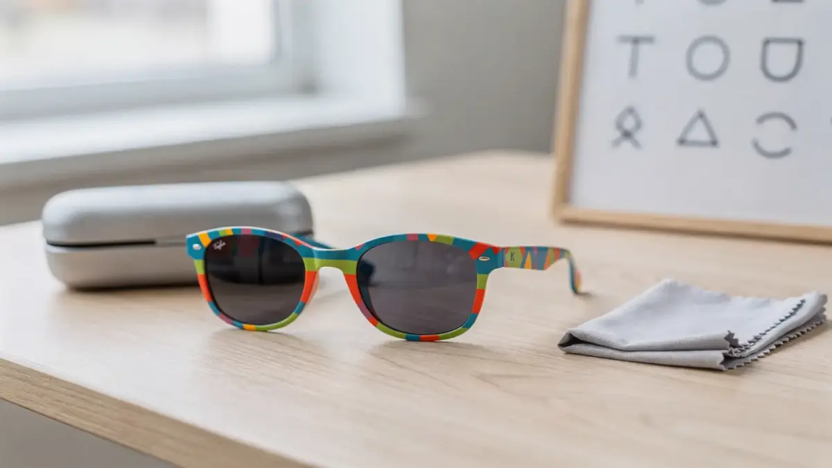 Kinder-Sonnenbrille mit Sehstärke neben Etui und Putztuch für den Artikel zur passenden Brille