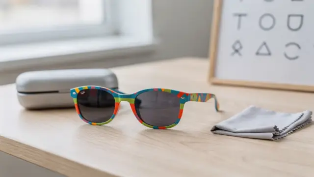 Kinder-Sonnenbrille mit Sehstärke neben Etui und Putztuch für den Artikel zur passenden Brille