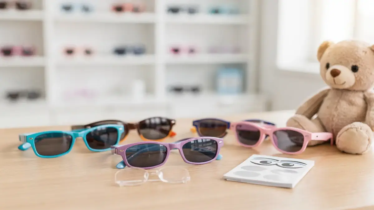 Kinder-Sonnenbrille mit Gläsern für Kurzsichtigkeit auf hellem Hintergrund