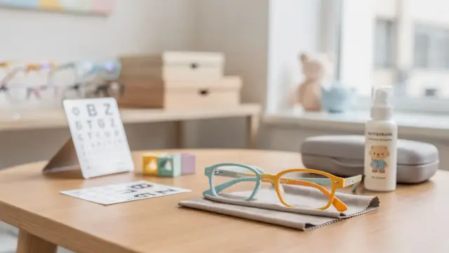 Kinderbrille mit Sehstärke in einer Optikerumgebung mit Brillengestellen und Messgerät