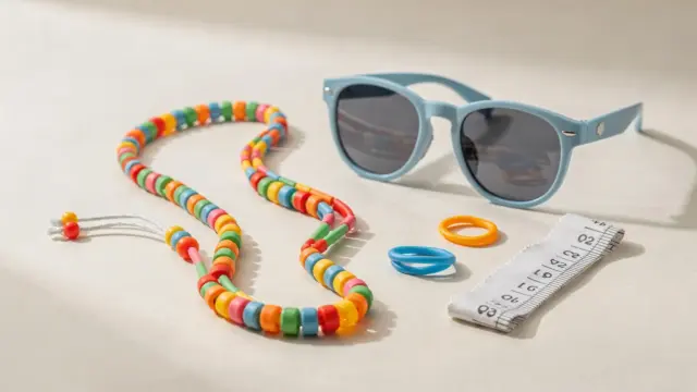 Brillenband für die Sonnenbrille neben Kinder-Sonnenbrille und Befestigungszubehör auf hellem Hintergrund.