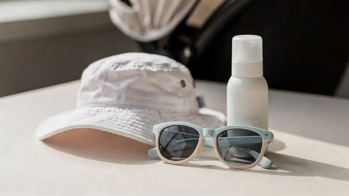 Babysonnenbrille mit UV-Schutz neben Sonnenhut und Sonnencreme zum Thema Brauchen Babys eine Sonnenbrille