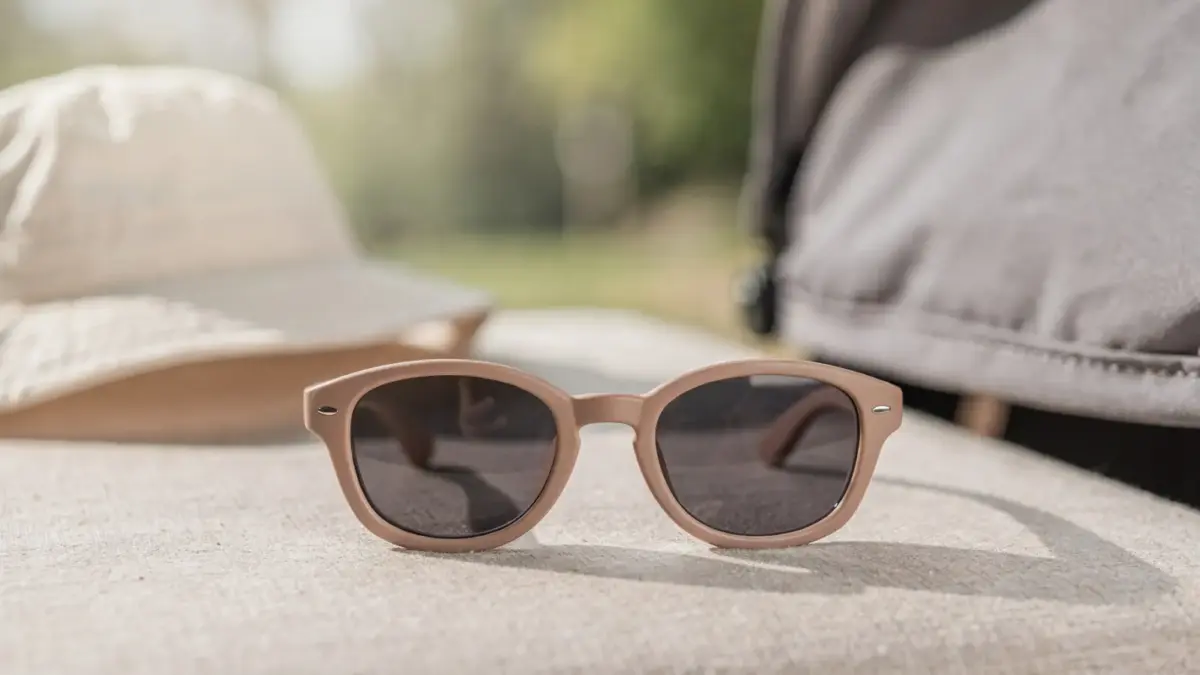 Baby-Sonnenbrille UV400 neben Sonnenhut als Symbol für UV-Schutz für Eltern